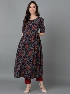women navy blue cotton ethnic motifs printed a-line kurta 1