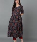 women navy blue cotton ethnic motifs printed a-line kurta