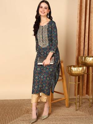 women blue viscose rayon bandhani embroidered straight kurta 5