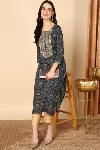 women blue viscose rayon bandhani embroidered straight kurta