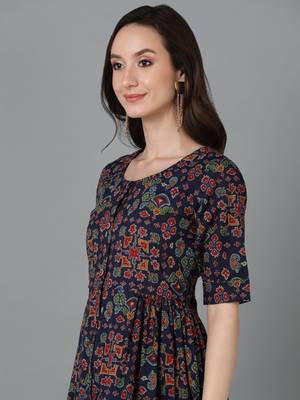 women navy blue cotton ethnic motifs printed a-line kurta 2