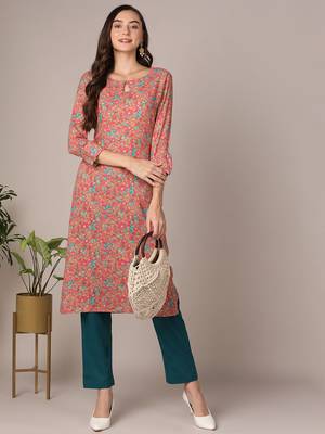 women pink viscose rayon floral printed straight kurta 1