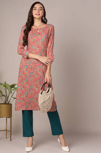 women pink viscose rayon floral printed straight kurta
