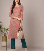 women pink viscose rayon floral printed straight kurta