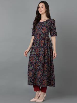 women navy blue cotton ethnic motifs printed a-line kurta 3