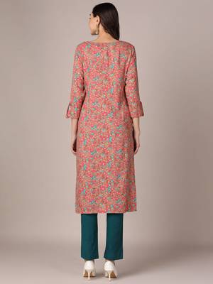 women pink viscose rayon floral printed straight kurta 3