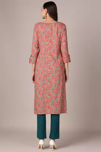 women pink viscose rayon floral printed straight kurta