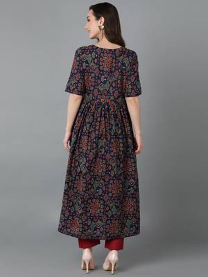 women navy blue cotton ethnic motifs printed a-line kurta 4