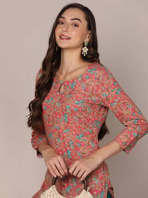 women pink viscose rayon floral printed straight kurta 4