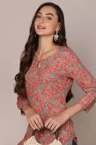women pink viscose rayon floral printed straight kurta