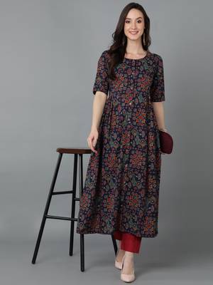 women navy blue cotton ethnic motifs printed a-line kurta 5