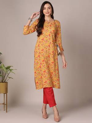 women yellow viscose rayon floral printed straight kurta 1