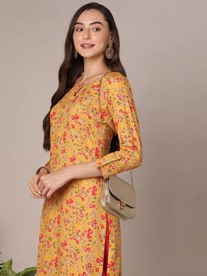 women yellow viscose rayon floral printed straight kurta 2
