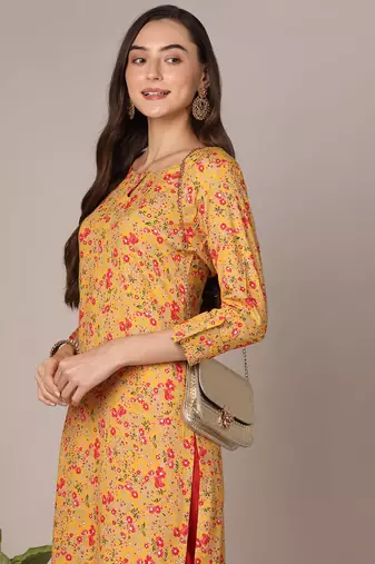 women yellow viscose rayon floral printed straight kurta