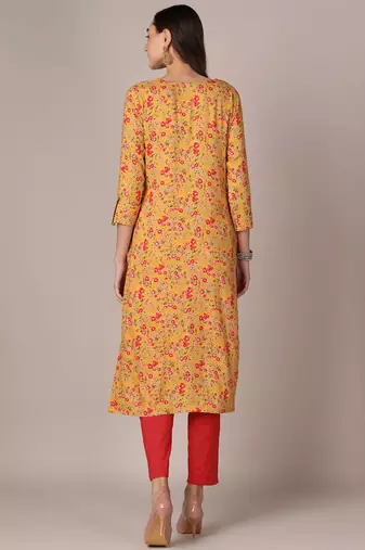 women yellow viscose rayon floral printed straight kurta