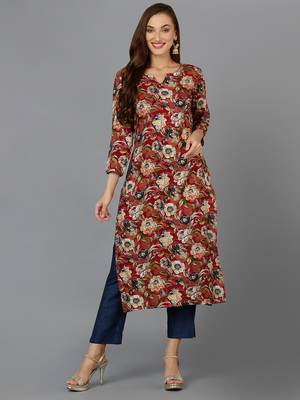 women maroon cotton blend floral printed straight kurta 1
