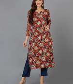 women maroon cotton blend floral printed straight kurta