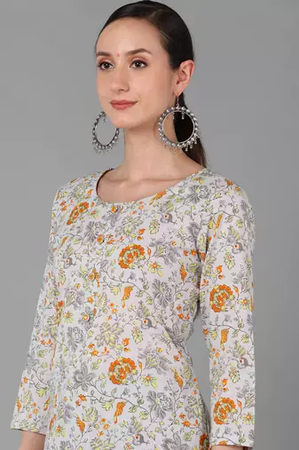 women white cotton floral printed straight kurta