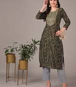 women green silk blend ethnic motifs embroidered straight kurta