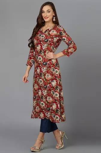 women maroon cotton blend floral printed straight kurta