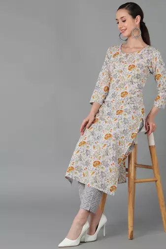 women white cotton floral printed straight kurta