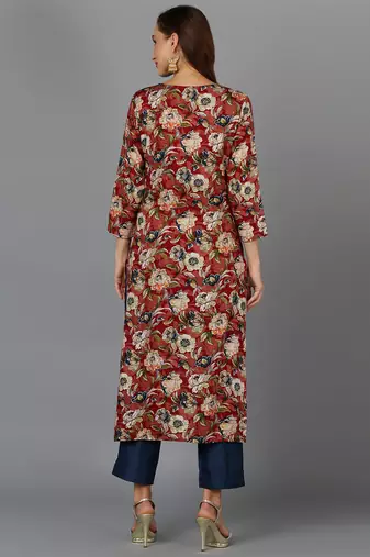 women maroon cotton blend floral printed straight kurta