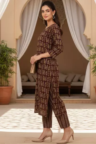 women maroon cotton paisley printed straight kurta