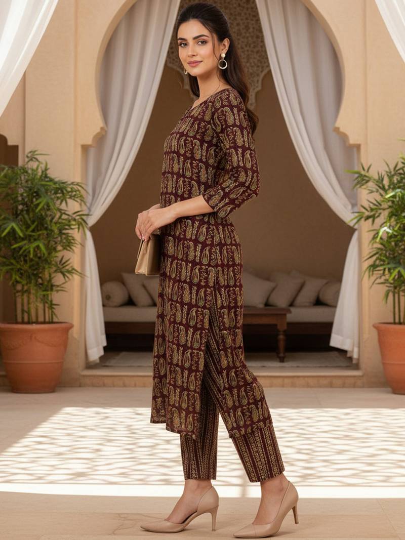 women maroon cotton paisley printed straight kurta