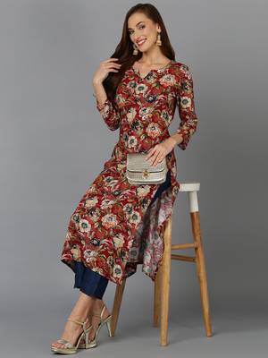 women maroon cotton blend floral printed straight kurta 5