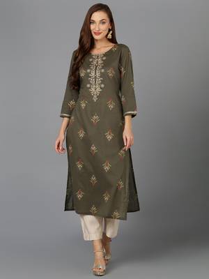 women olive cotton ethnic motifs embroidered straight kurta 1