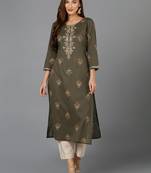 women olive cotton ethnic motifs embroidered straight kurta
