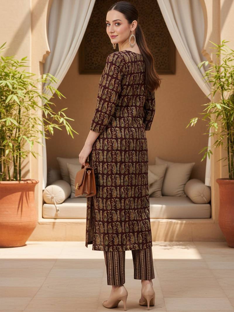 women maroon cotton paisley printed straight kurta