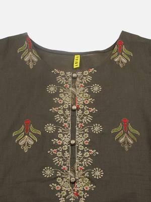women olive cotton ethnic motifs embroidered straight kurta 2