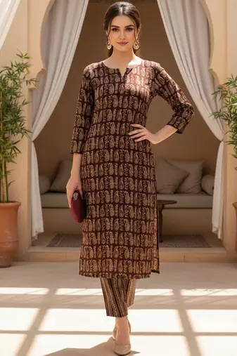 women maroon cotton paisley printed straight kurta