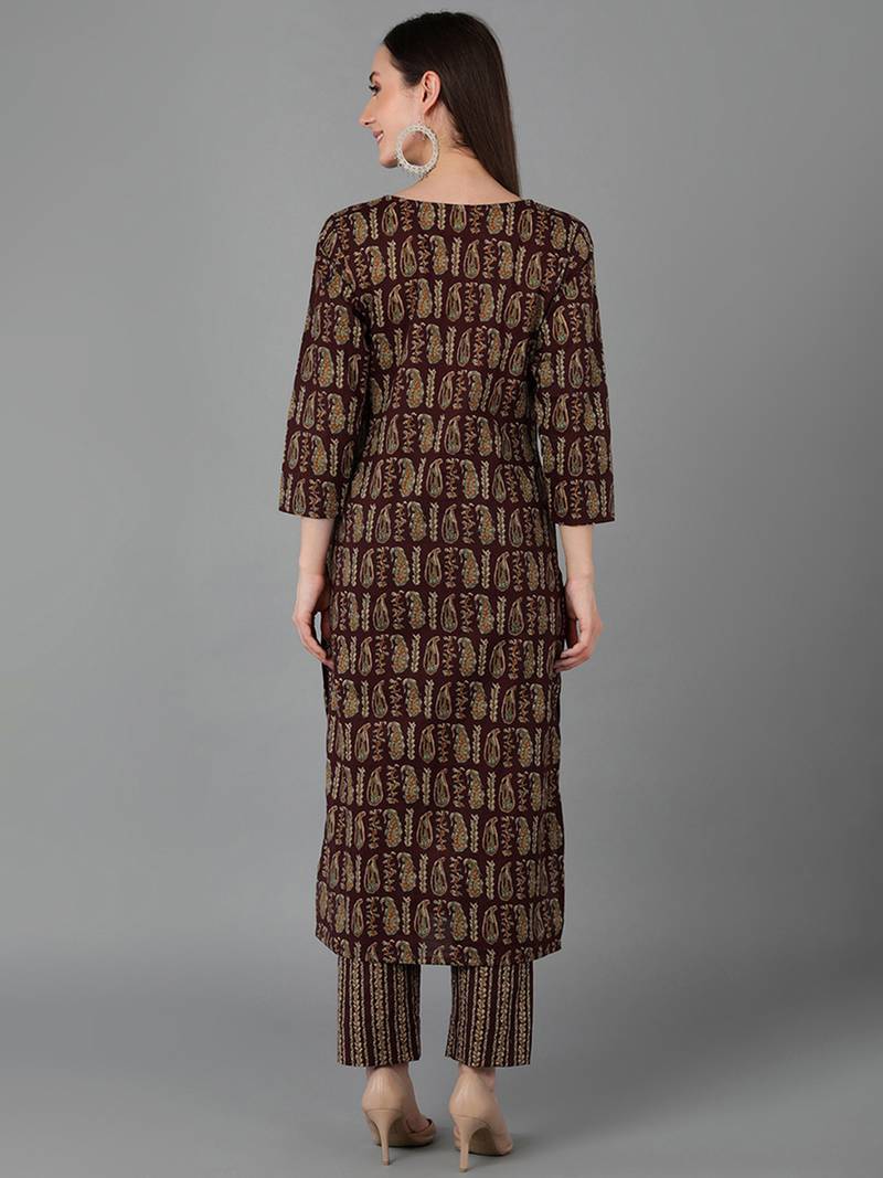 women maroon cotton paisley printed straight kurta