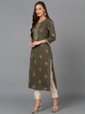 women olive cotton ethnic motifs embroidered straight kurta 3