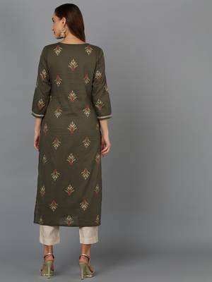 women olive cotton ethnic motifs embroidered straight kurta 4
