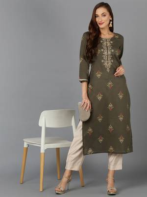 women olive cotton ethnic motifs embroidered straight kurta 5