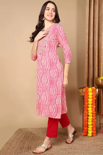 women pink viscose rayon abstract embroidered straight kurta