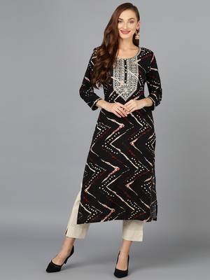 women black viscose rayon chevron embroidered straight kurta 1
