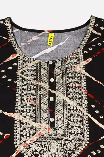 women black viscose rayon chevron embroidered straight kurta
