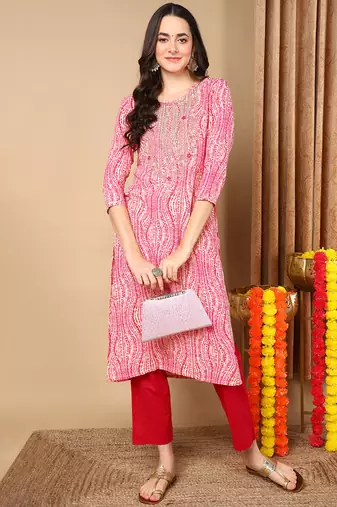 women pink viscose rayon abstract embroidered straight kurta