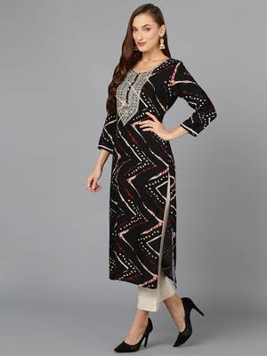 women black viscose rayon chevron embroidered straight kurta 3