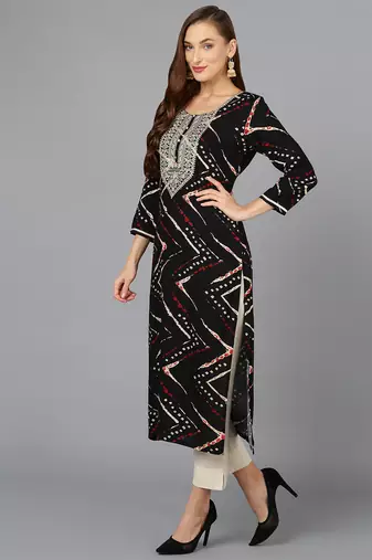 women black viscose rayon chevron embroidered straight kurta
