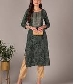 women green viscose rayon bandhani embroidered straight kurta