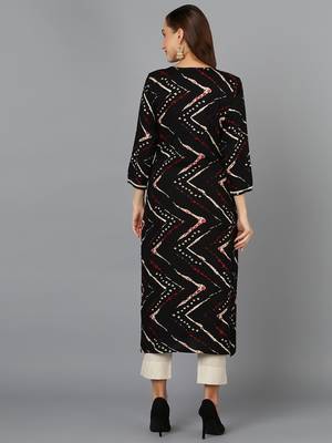 women black viscose rayon chevron embroidered straight kurta 4
