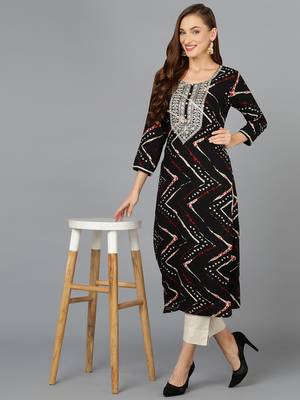 women black viscose rayon chevron embroidered straight kurta 5