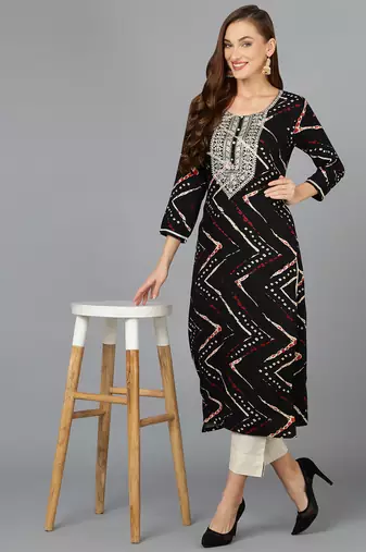 women black viscose rayon chevron embroidered straight kurta