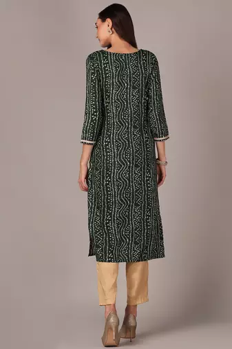 women green viscose rayon bandhani embroidered straight kurta