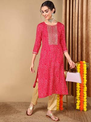 women pink viscose rayon bandhani embroidered straight kurta 1
